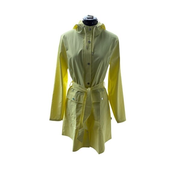 RAINS Women's Curve Raincoat Yellow Zipper Snap Trench Belted Waterproof Flawed - Picture 7 of 14